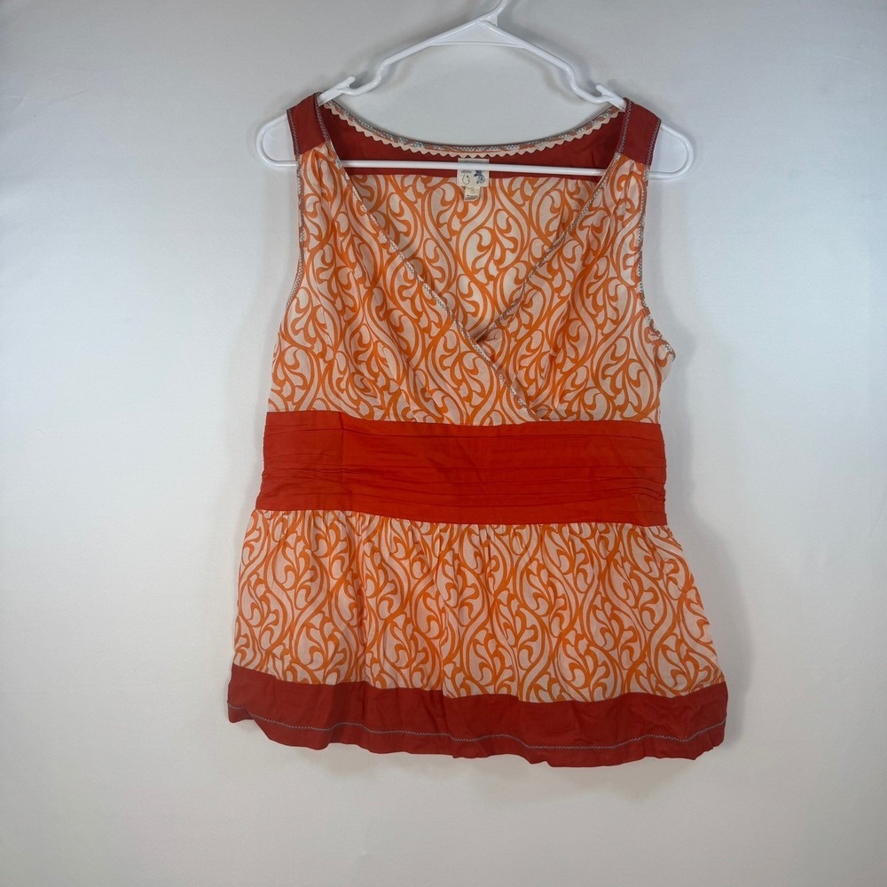 Edme & Esyllte Anthropologie Orange Scroll Print Peplum Top Red Trim Size 8